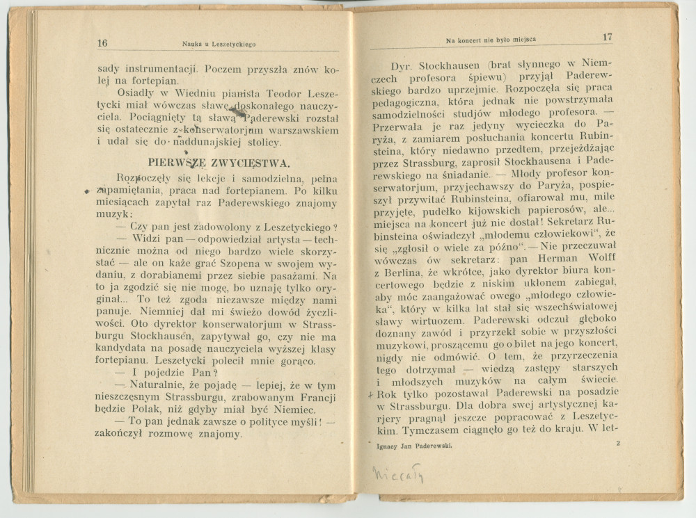 «Ignacy J. Paderewski» – Biographie en polonais à destination des écoliers rédigée par Henryk Opienski, parue à Lwów en 1933 sous la forme d'une petite brochure de 36 pages