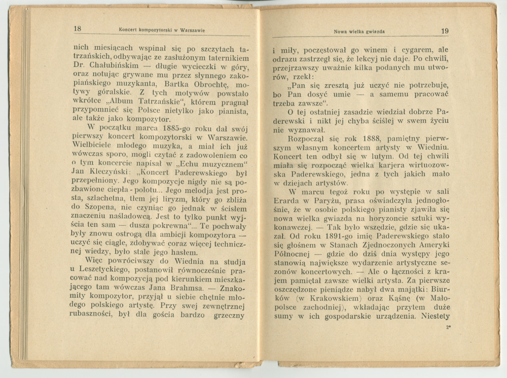 «Ignacy J. Paderewski» – Biographie en polonais à destination des écoliers rédigée par Henryk Opienski, parue à Lwów en 1933 sous la forme d'une petite brochure de 36 pages
