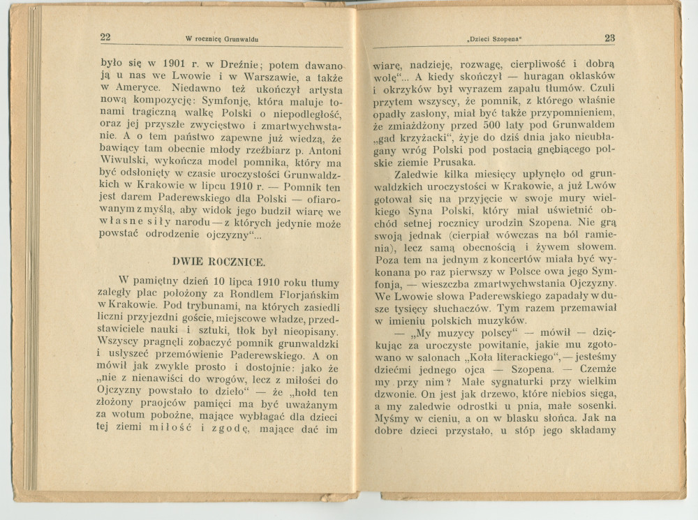 «Ignacy J. Paderewski» – Biographie en polonais à destination des écoliers rédigée par Henryk Opienski, parue à Lwów en 1933 sous la forme d'une petite brochure de 36 pages