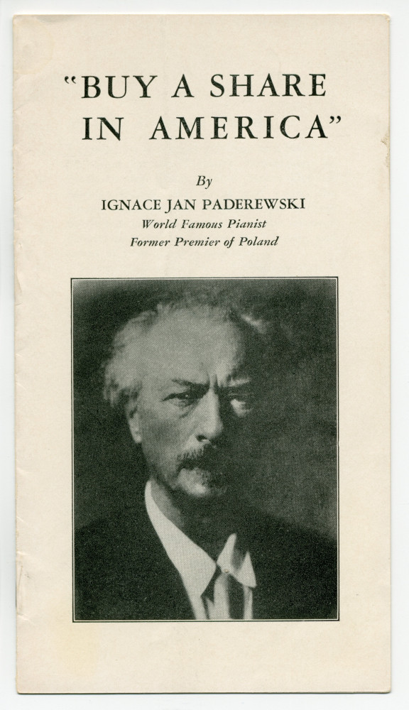 «Buy a Share in America» [Achetez une action en Amérique] – Plaquette de l'allocution radiodiffusée prononcée par Paderewski le 16 mai 1941 sur le Red Network de la National Broadcasting Company