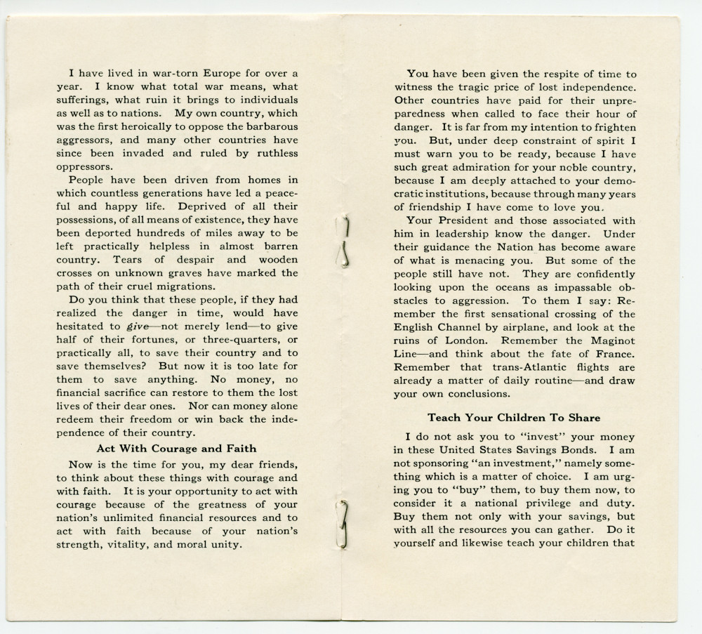 «Buy a Share in America» [Achetez une action en Amérique] – Plaquette de l'allocution radiodiffusée prononcée par Paderewski le 16 mai 1941 sur le Red Network de la National Broadcasting Company