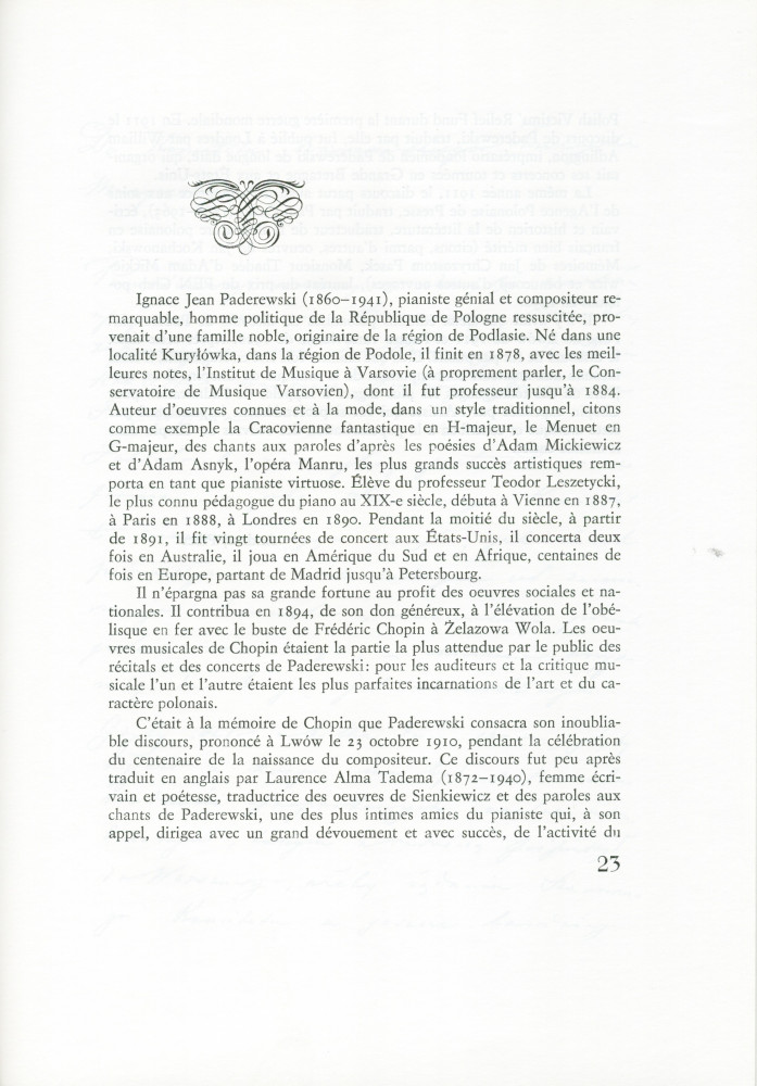 «Chopin» – Plaquette de la traduction française (par Paul Cazin) du discours prononcé par Paderewski le 23 octobre 1910 à Lwów devant l'Union des musiciens polonais, à l'occasion des célébrations du centenaire de la naissance du compositeur (Ed. de la revu