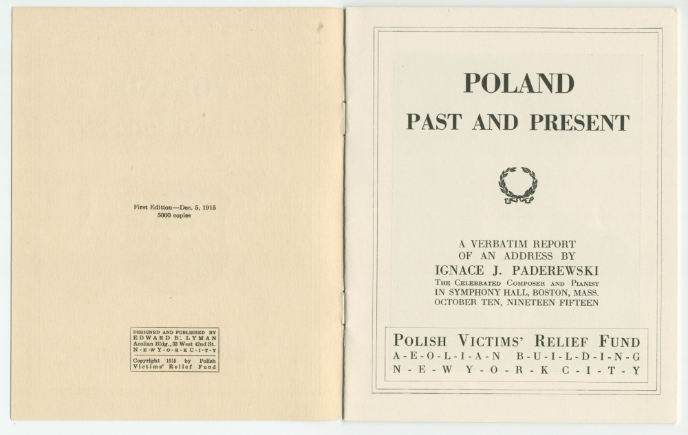 «Poland – Past and Present» [Pologne passée et présente] – Plaquette du discours prononcé par Paderewski le 10 octobre 1915 au Symphony Hall de Boston (petit format) et le 5 février 1916 à l'Auditorium de Chicago (grand format – avec et sans reliure daim)