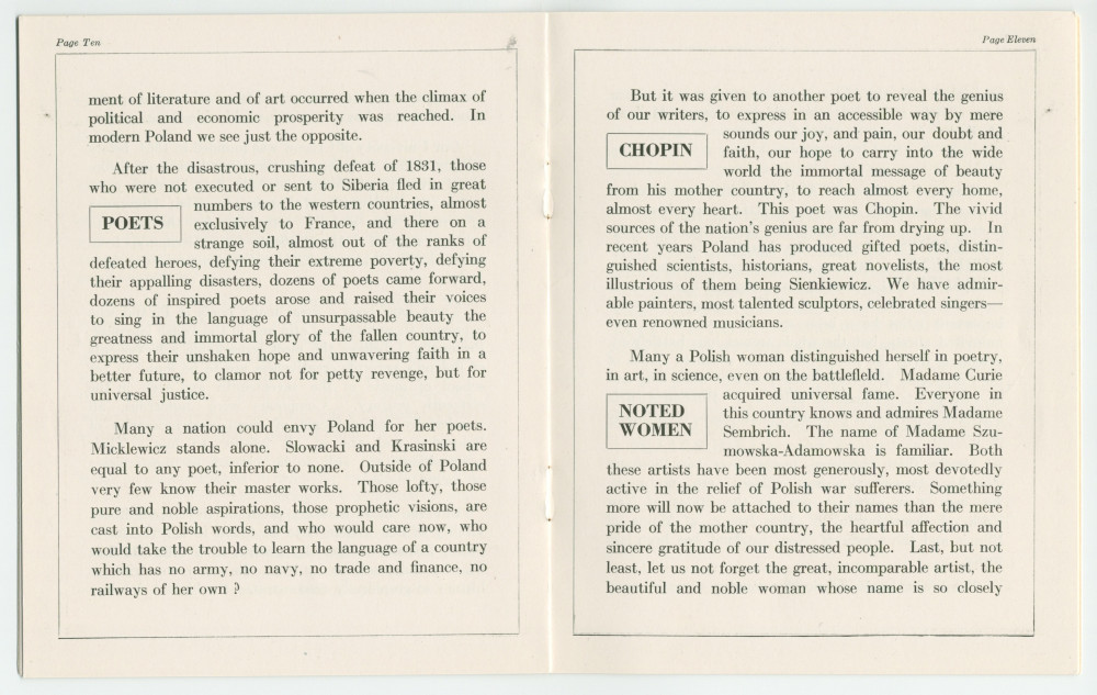 «Poland – Past and Present» [Pologne passée et présente] – Plaquette du discours prononcé par Paderewski le 10 octobre 1915 au Symphony Hall de Boston (petit format) et le 5 février 1916 à l'Auditorium de Chicago (grand format – avec et sans reliure daim)