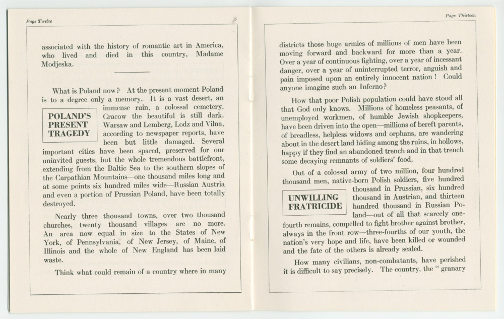 «Poland – Past and Present» [Pologne passée et présente] – Plaquette du discours prononcé par Paderewski le 10 octobre 1915 au Symphony Hall de Boston (petit format) et le 5 février 1916 à l'Auditorium de Chicago (grand format – avec et sans reliure daim)