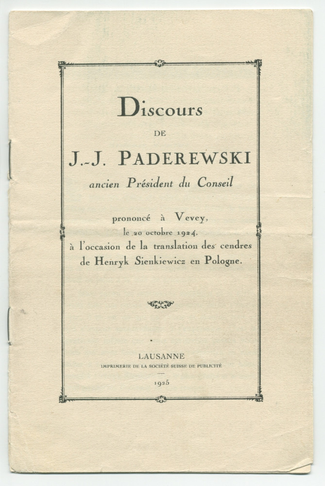«Roi sans couronne et chef sans glaive» – Plaquette du discours prononcé par Paderewski le 20 octobre 1924 à Vevey à l'occasion de la translation des cendres de Henryk Sienkiewicz en Pologne, éditée à Lausanne en 1925
