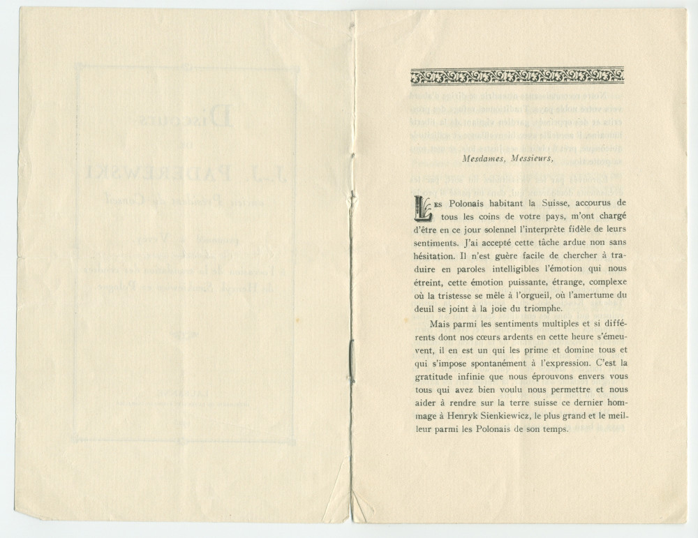 «Roi sans couronne et chef sans glaive» – Plaquette du discours prononcé par Paderewski le 20 octobre 1924 à Vevey à l'occasion de la translation des cendres de Henryk Sienkiewicz en Pologne, éditée à Lausanne en 1925