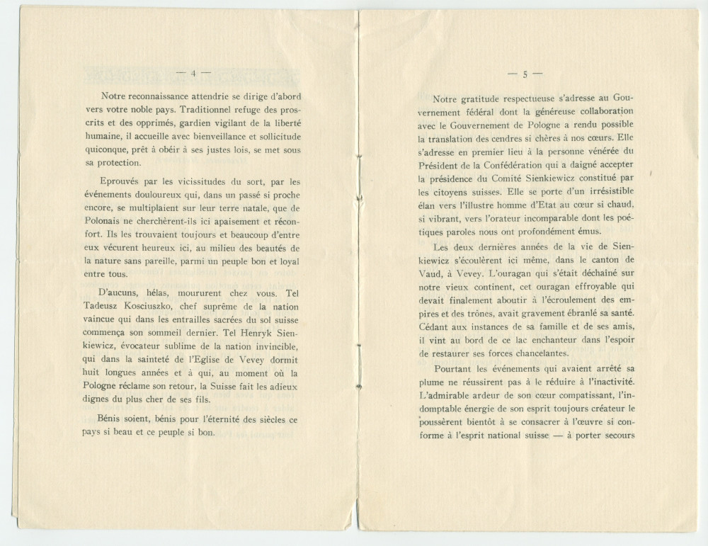 «Roi sans couronne et chef sans glaive» – Plaquette du discours prononcé par Paderewski le 20 octobre 1924 à Vevey à l'occasion de la translation des cendres de Henryk Sienkiewicz en Pologne, éditée à Lausanne en 1925