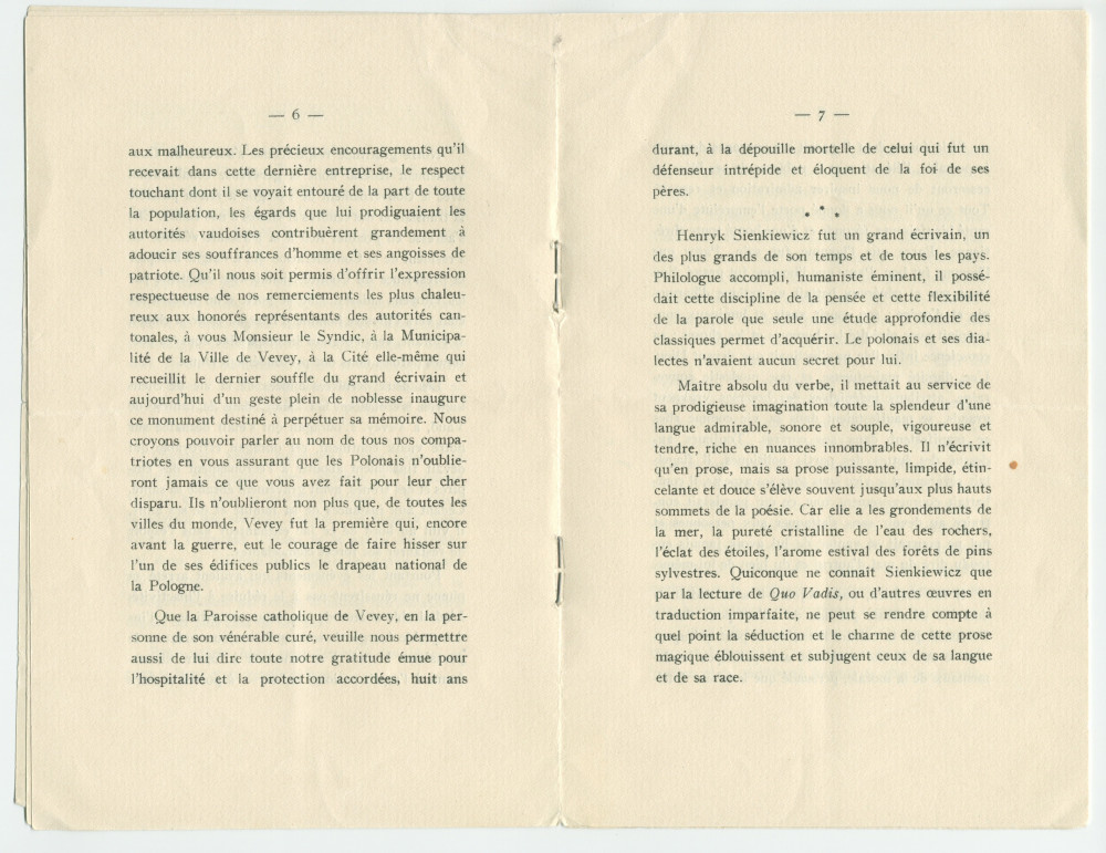 «Roi sans couronne et chef sans glaive» – Plaquette du discours prononcé par Paderewski le 20 octobre 1924 à Vevey à l'occasion de la translation des cendres de Henryk Sienkiewicz en Pologne, éditée à Lausanne en 1925