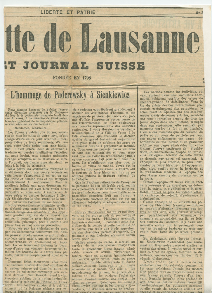 «Roi sans couronne et chef sans glaive» – Plaquette du discours prononcé par Paderewski le 20 octobre 1924 à Vevey à l'occasion de la translation des cendres de Henryk Sienkiewicz en Pologne, éditée à Lausanne en 1925