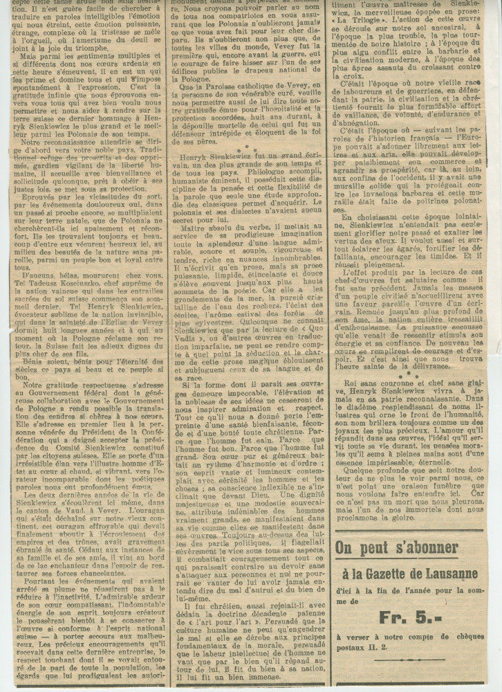 «Roi sans couronne et chef sans glaive» – Plaquette du discours prononcé par Paderewski le 20 octobre 1924 à Vevey à l'occasion de la translation des cendres de Henryk Sienkiewicz en Pologne, éditée à Lausanne en 1925