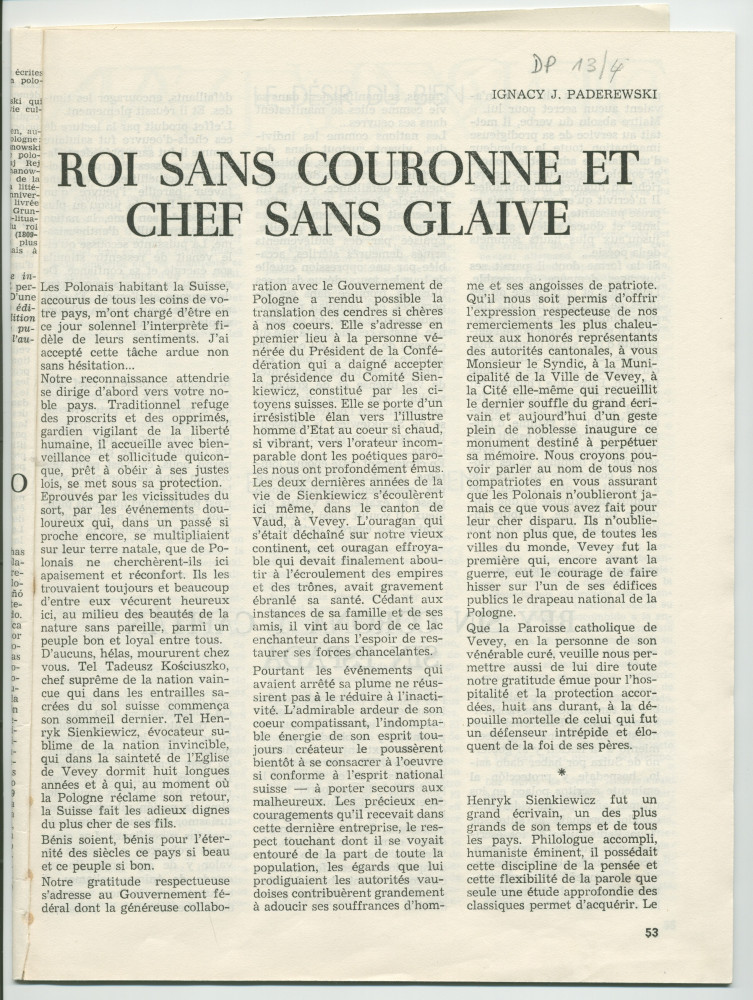 «Roi sans couronne et chef sans glaive» – Plaquette du discours prononcé par Paderewski le 20 octobre 1924 à Vevey à l'occasion de la translation des cendres de Henryk Sienkiewicz en Pologne, éditée à Lausanne en 1925