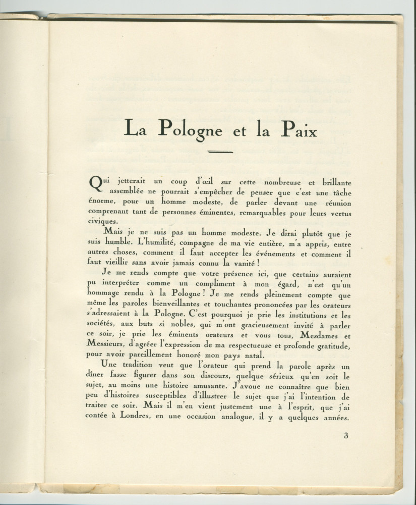 «La Pologne et la Paix» – Plaquette de l'allocution prononcée par Paderewski le 18 mai 1932 au banquet donné en son honneur à l'Hôtel Astor, à New York, par la Chambre de commerce américano-polonaise, le «Civil Forum» et le Conseil des relations étrangère