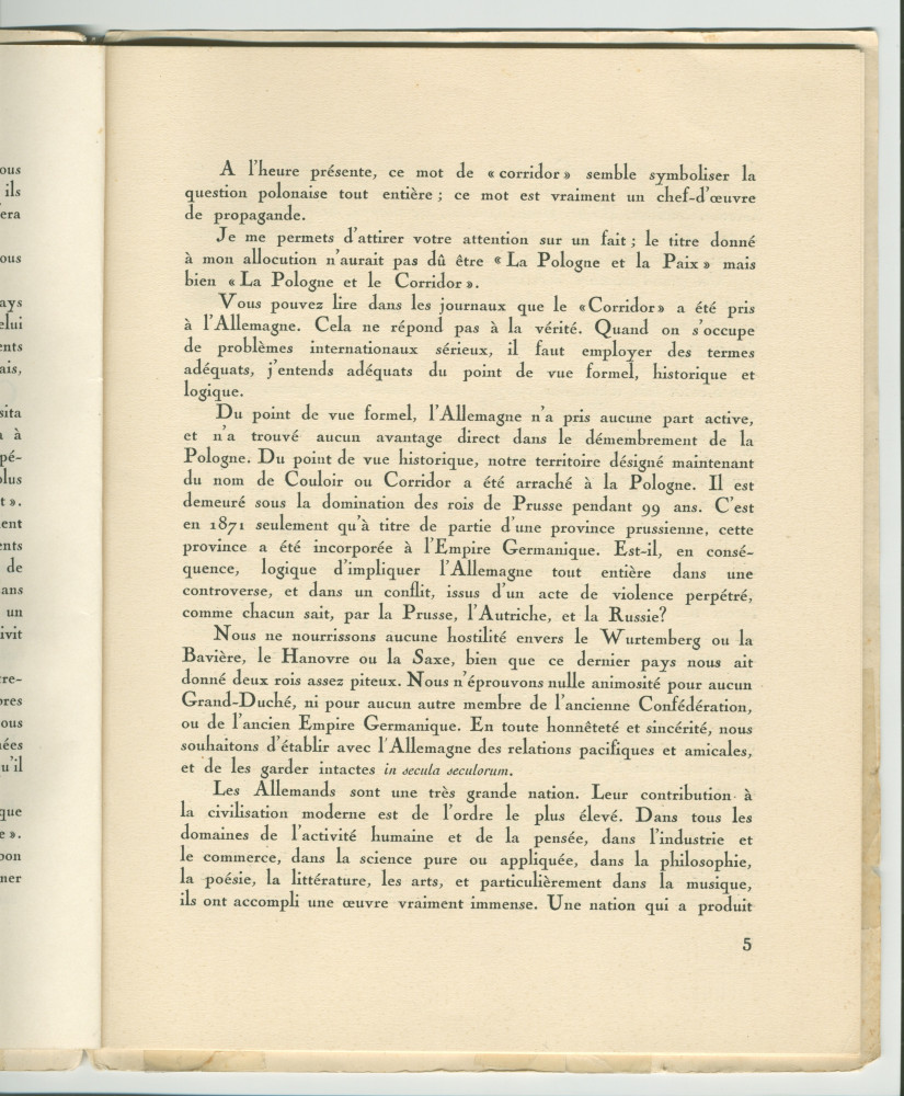 «La Pologne et la Paix» – Plaquette de l'allocution prononcée par Paderewski le 18 mai 1932 au banquet donné en son honneur à l'Hôtel Astor, à New York, par la Chambre de commerce américano-polonaise, le «Civil Forum» et le Conseil des relations étrangère