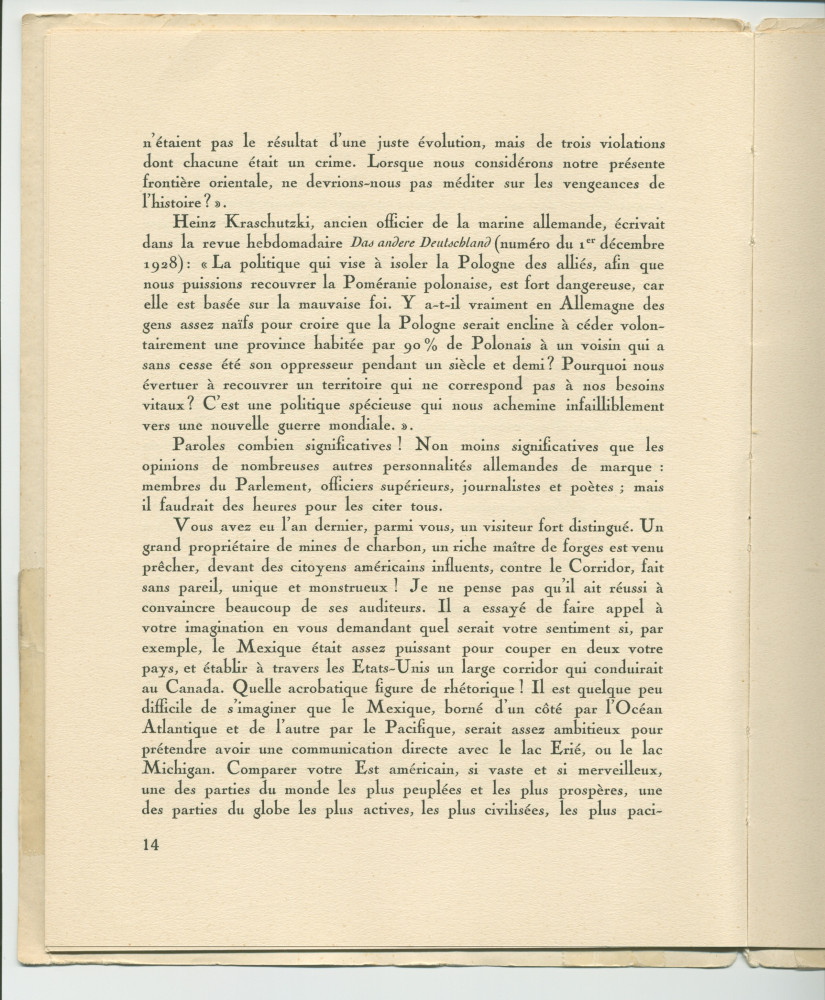 «La Pologne et la Paix» – Plaquette de l'allocution prononcée par Paderewski le 18 mai 1932 au banquet donné en son honneur à l'Hôtel Astor, à New York, par la Chambre de commerce américano-polonaise, le «Civil Forum» et le Conseil des relations étrangère