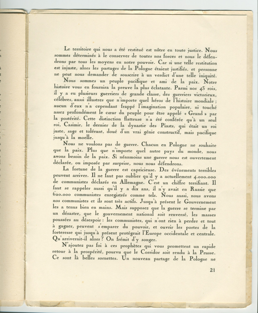 «La Pologne et la Paix» – Plaquette de l'allocution prononcée par Paderewski le 18 mai 1932 au banquet donné en son honneur à l'Hôtel Astor, à New York, par la Chambre de commerce américano-polonaise, le «Civil Forum» et le Conseil des relations étrangère