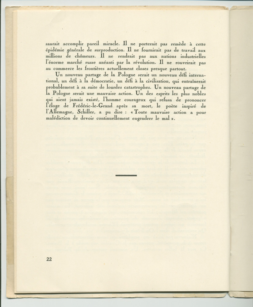 «La Pologne et la Paix» – Plaquette de l'allocution prononcée par Paderewski le 18 mai 1932 au banquet donné en son honneur à l'Hôtel Astor, à New York, par la Chambre de commerce américano-polonaise, le «Civil Forum» et le Conseil des relations étrangère