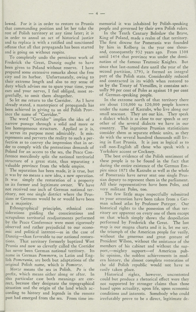 «La Pologne et la Paix» – Plaquette de l'allocution prononcée par Paderewski le 18 mai 1932 au banquet donné en son honneur à l'Hôtel Astor, à New York, par la Chambre de commerce américano-polonaise, le «Civil Forum» et le Conseil des relations étrangère