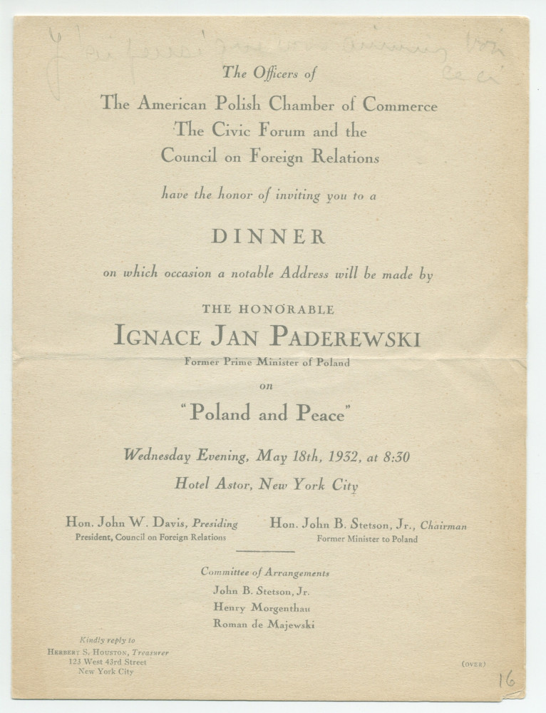 «La Pologne et la Paix» – Plaquette de l'allocution prononcée par Paderewski le 18 mai 1932 au banquet donné en son honneur à l'Hôtel Astor, à New York, par la Chambre de commerce américano-polonaise, le «Civil Forum» et le Conseil des relations étrangère