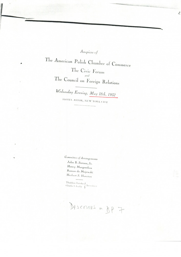 «La Pologne et la Paix» – Plaquette de l'allocution prononcée par Paderewski le 18 mai 1932 au banquet donné en son honneur à l'Hôtel Astor, à New York, par la Chambre de commerce américano-polonaise, le «Civil Forum» et le Conseil des relations étrangère