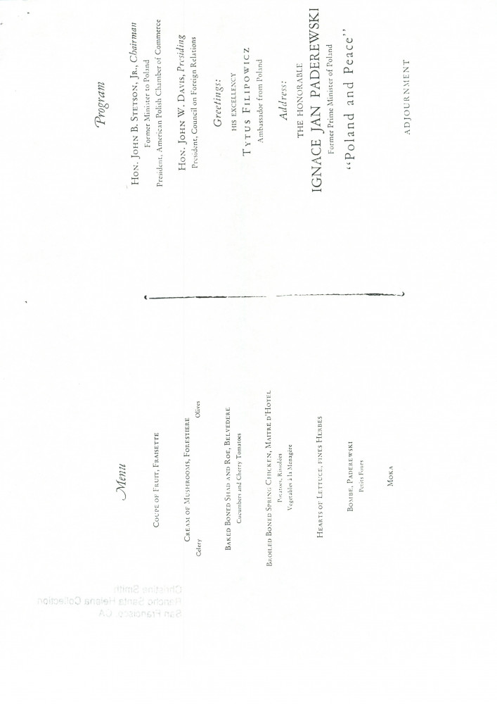 «La Pologne et la Paix» – Plaquette de l'allocution prononcée par Paderewski le 18 mai 1932 au banquet donné en son honneur à l'Hôtel Astor, à New York, par la Chambre de commerce américano-polonaise, le «Civil Forum» et le Conseil des relations étrangère