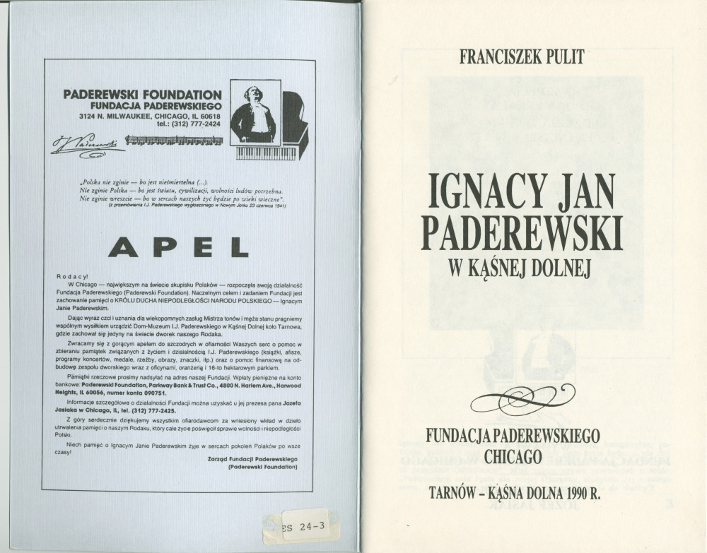«Dom w ojczyznie – Ignacy Jan Paderewski w Kasnej Dolnej» [La maison dans sa patrie – IJP à Kasna Dolna] – Brochure de Franciszek Pulit éditée en 1990 par la Fondation Paderewski de Chicago