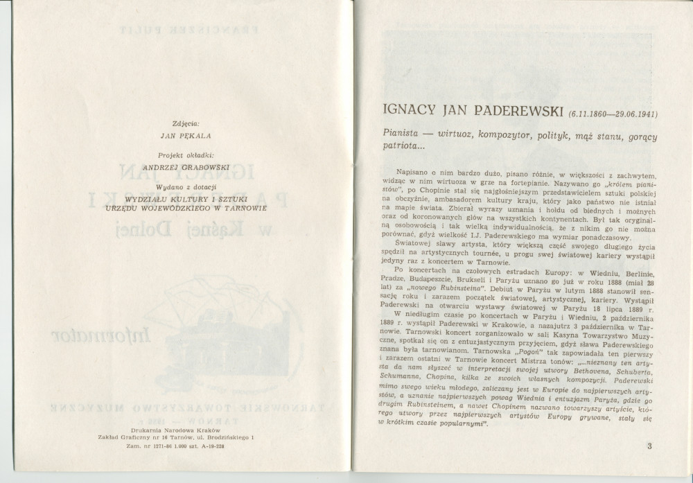 «Ignacy Jan Paderewski w Kasnej Dolnej» [IJP à Kasna Dolna] – Brochure de Franciszek Pulit éditée en 1986 (sans doute pour ses visiteurs) par la «Tarnowskie Towarzystwo Muzyczne» [Société de musique de Tarnów]