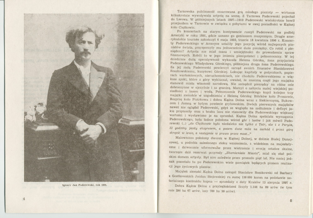 «Ignacy Jan Paderewski w Kasnej Dolnej» [IJP à Kasna Dolna] – Brochure de Franciszek Pulit éditée en 1986 (sans doute pour ses visiteurs) par la «Tarnowskie Towarzystwo Muzyczne» [Société de musique de Tarnów]