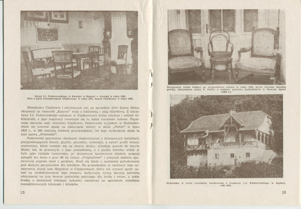 «Ignacy Jan Paderewski w Kasnej Dolnej» [IJP à Kasna Dolna] – Brochure de Franciszek Pulit éditée en 1986 (sans doute pour ses visiteurs) par la «Tarnowskie Towarzystwo Muzyczne» [Société de musique de Tarnów]