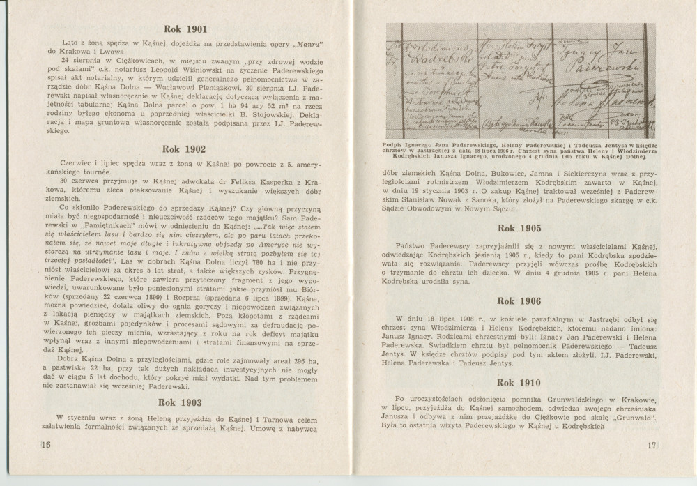 «Ignacy Jan Paderewski w Kasnej Dolnej» [IJP à Kasna Dolna] – Brochure de Franciszek Pulit éditée en 1986 (sans doute pour ses visiteurs) par la «Tarnowskie Towarzystwo Muzyczne» [Société de musique de Tarnów]