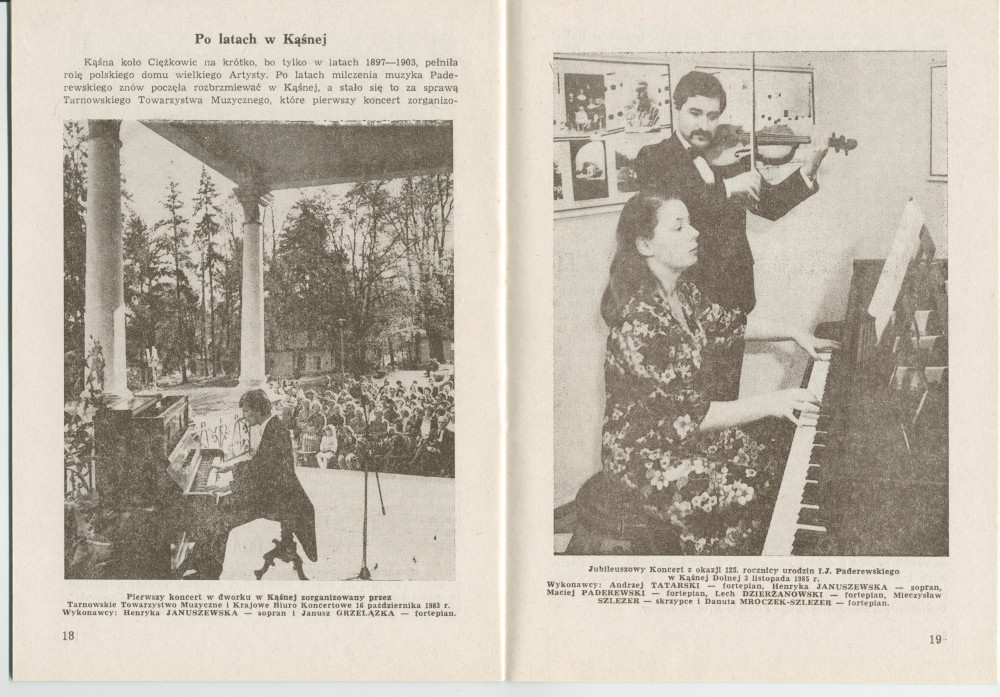 «Ignacy Jan Paderewski w Kasnej Dolnej» [IJP à Kasna Dolna] – Brochure de Franciszek Pulit éditée en 1986 (sans doute pour ses visiteurs) par la «Tarnowskie Towarzystwo Muzyczne» [Société de musique de Tarnów]