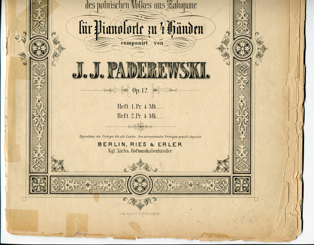 Partition des cahiers I et II du «Tatra-Album, Tänze und Lieder des polnischen Volkes aus Zakopane für Pianoforte zu 4 Händen» op. 12 de Paderewski (Ries & Erler, Berlin)