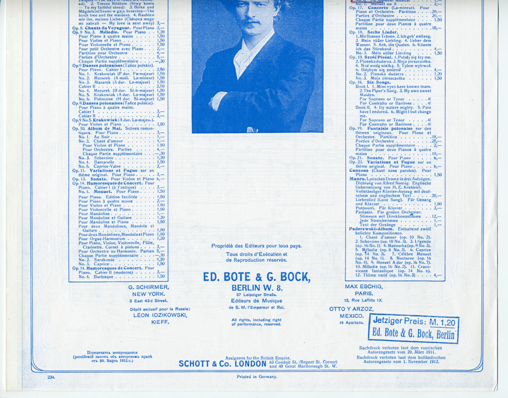 Partition du «Moment musical» tiré des «Miscellanea, série de morceaux pour piano» op. 16 n° 6 de Paderewski (Ed. Bote & G. Bock, Berlin / Schott & Co., Londres)
