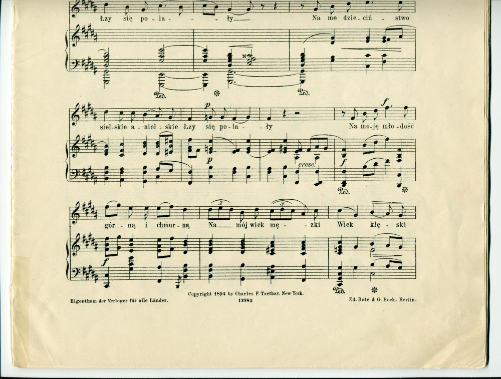 Partition des «Six mélodies» pour voix et piano op. 18 de Paderewski sur des poèmes d'Adam Mickiewicz (Ed. Bote & G. Bock, Berlin / Charles F. Tretbar, New York, 1894 – sans couverture)
