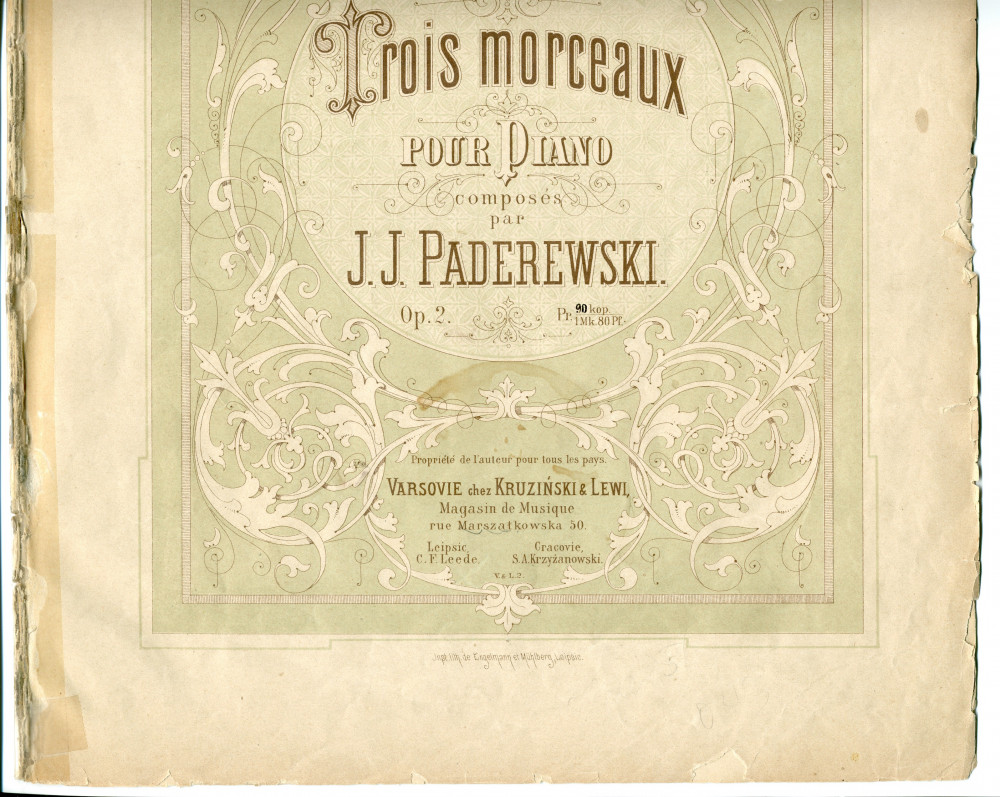 Partition des «Trois morceaux pour piano» op. 2 de Paderewski – n° 1: Gavotte, n° 2: Mélodie, n° 3: Valse mélancolique (Ed. Kruzinski & Lewi, Varsovie – dédicace «à Madame Thérèse Wlasoff née Quintin de Roumarais»)