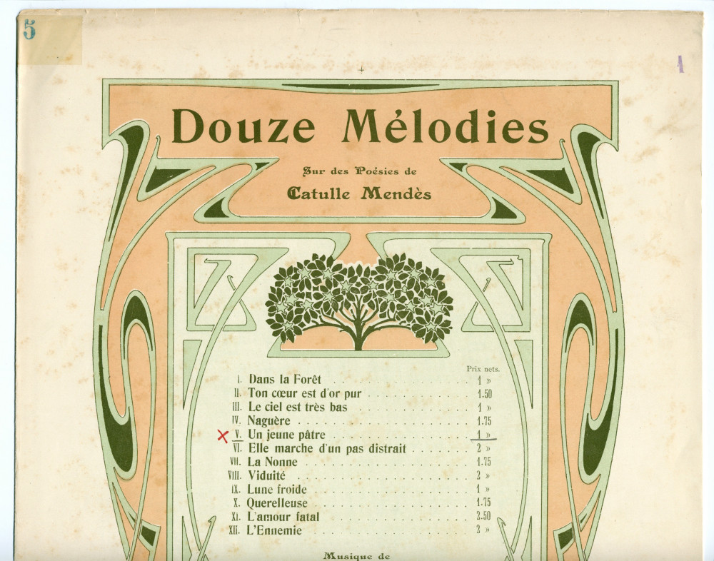 Partition de la mélodie n° 5 «Un jeune pâtre» tirée des «Douze mélodies sur des poésies de Catulle Mendès» pour voix et piano op. 22 n° 5 de Paderewski (Au Ménestrel / Heugel & Cie, Paris)