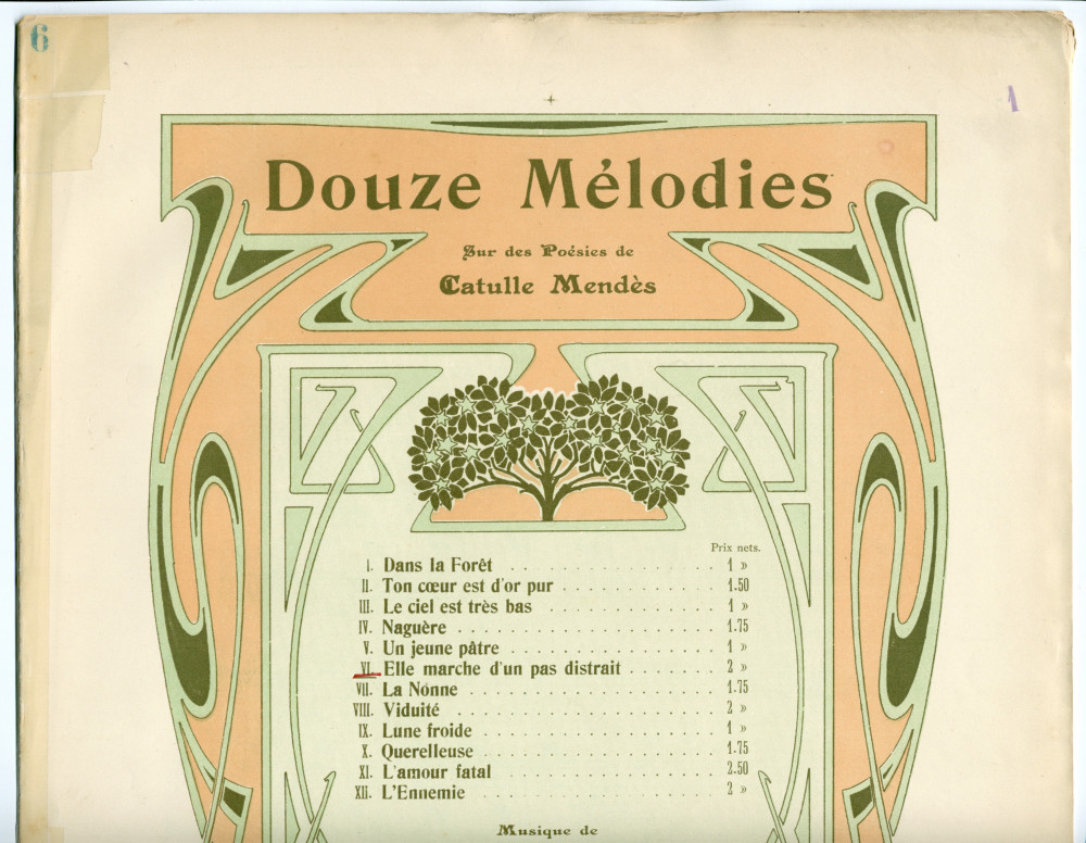 Partition de la mélodie n° 6 «Elle marche d'un pas distrait» tirée des «Douze mélodies sur des poésies de Catulle Mendès» pour voix et piano op. 22 n° 6 de Paderewski (Au Ménestrel / Heugel & Cie, Paris)