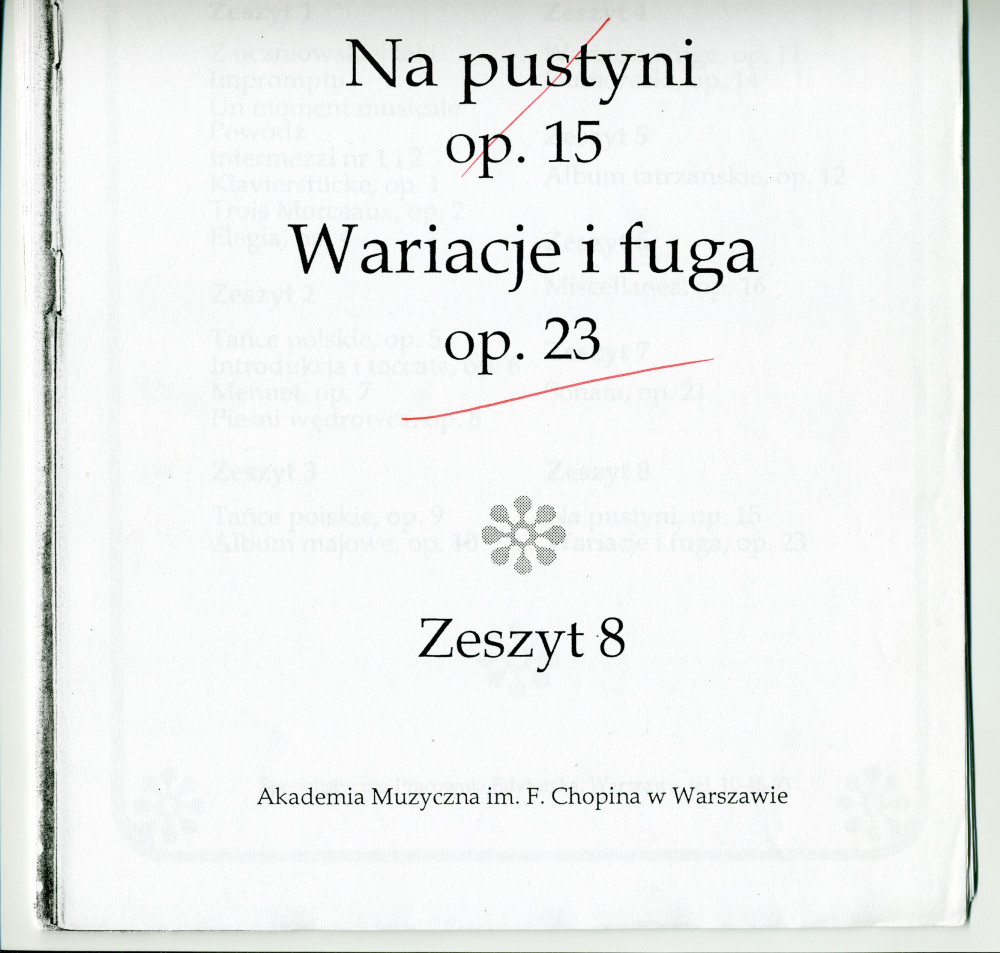 Partition des «Variations et Fugue sur un thème original» pour piano op. 23 de Paderewski (Akademia Muzyczna im. F. Chopina w Warszawie – Zeszyt 8 – photocopie – dédicace «à son ami W. Adlington»)