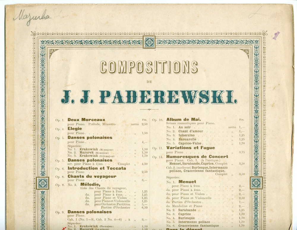Partition de la «Mazurek» en la mineur tirée des «Danses polonaises» pour piano op. 9 n° 2 de Paderewski (Louis Gregh, Paris – avec en couverture une liste des «compositions de Paderewski» diffusées par cette maison)