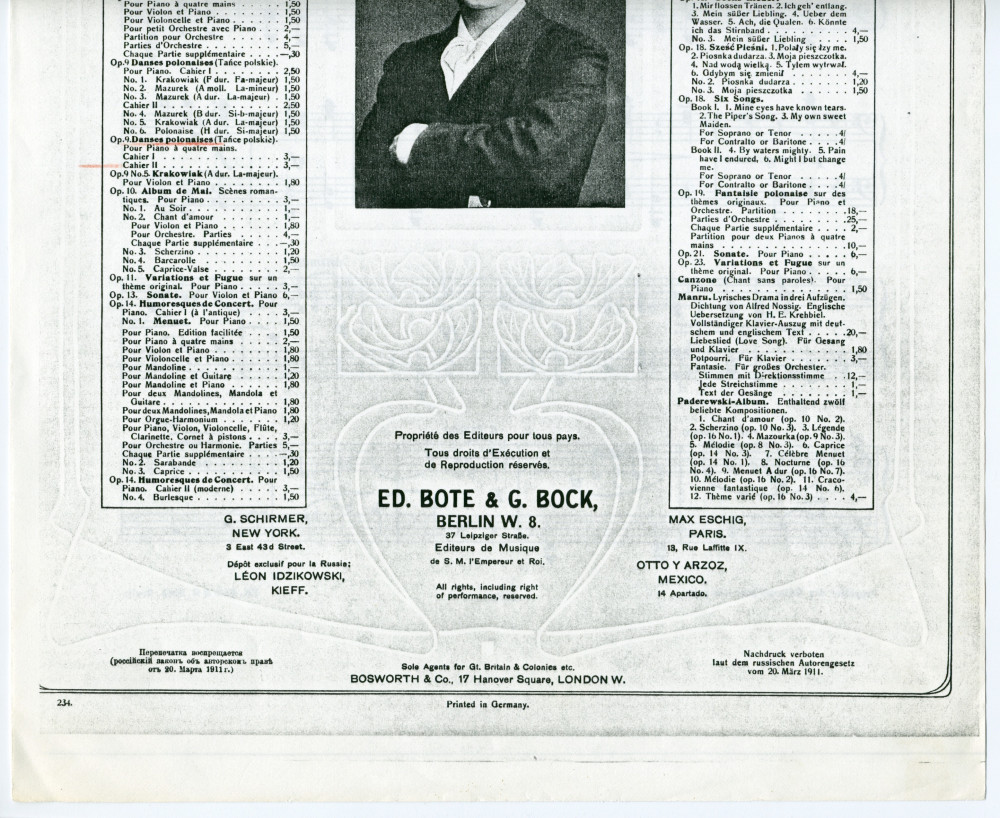 Partition des «Danses polonaises (Ta?ce polskie) pour piano à quatre mains» op. 9 nos 4-6 (cahier II) de Paderewski – n° 4: Mazurek, n° 5: Krakowiak, n° 6: Polonaise (Ed. Bote & G. Bock, Berlin – photocopie