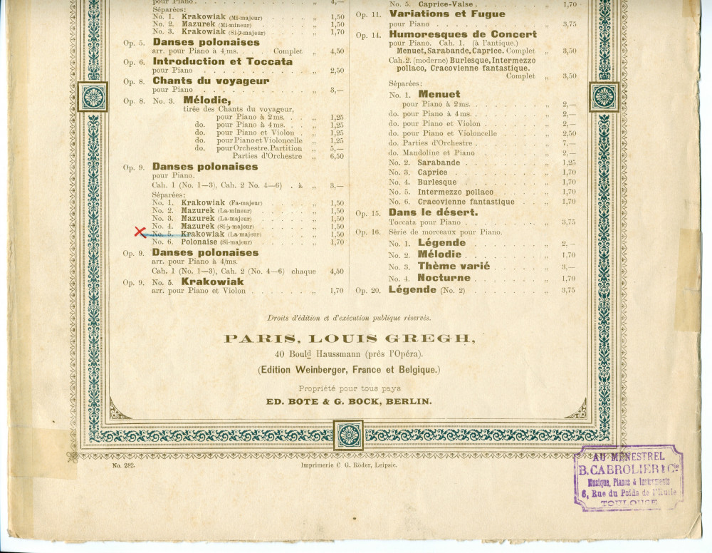 Partition de la «Krakowiak» en la majeur tirée des «Danses polonaises» pour piano op. 9 n° 5 de Paderewski (Louis Gregh, Paris – avec en couverture une liste des «compositions de Paderewski» diffusées par cette maison)