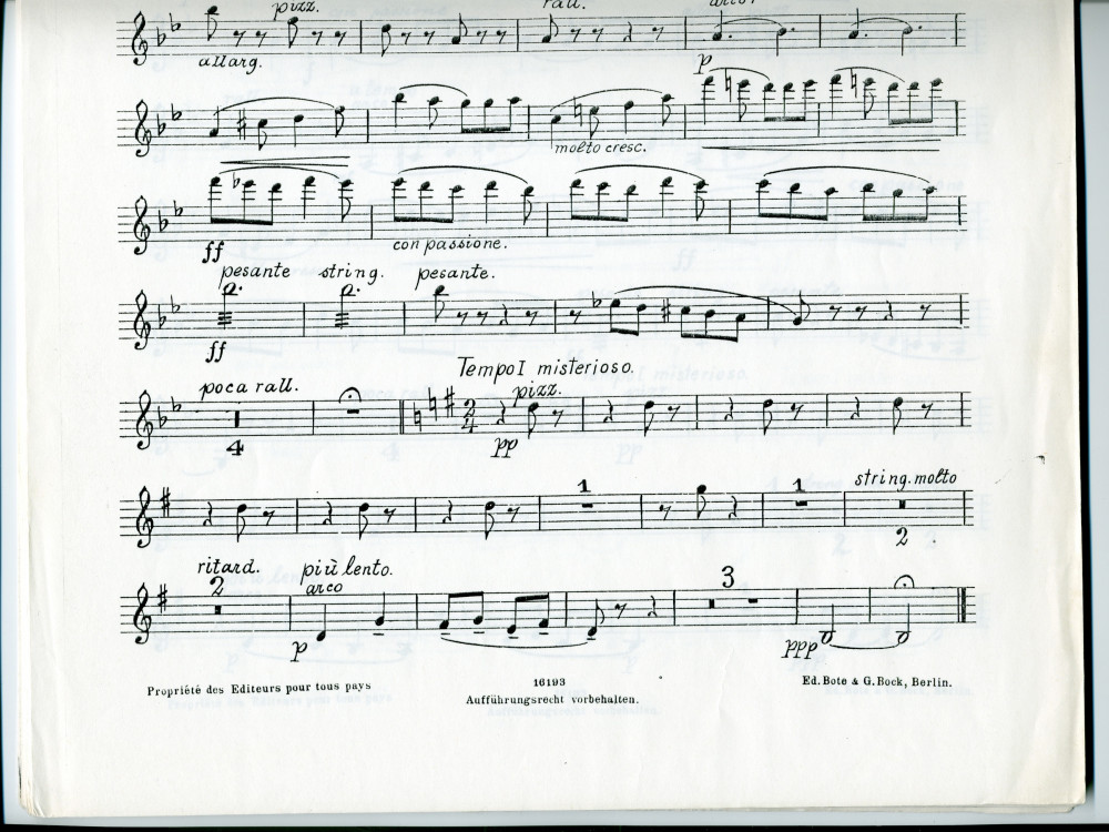 Partition de la transcription pour orchestre par l'auteur du «Chant d'amour» tiré de l'«Album de mai, scènes romantiques pour piano» op. 10 n° 2 de Paderewski (Ed. Bote & G. Bock, Berlin)