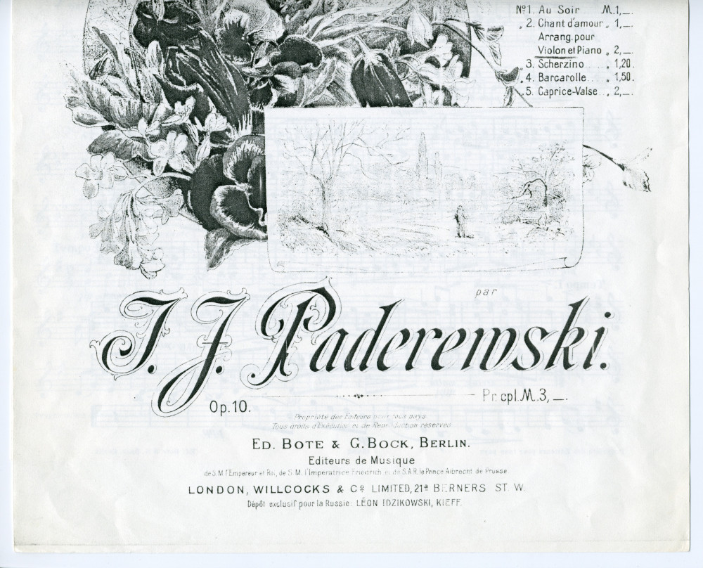 Partition de la transcription pour violon et piano par R. Cielecki du «Chant d'amour» tiré de l'«Album de mai, scènes romantiques pour piano» op. 10 n° 2 de Paderewski (Ed. Bote & G. Bock, Berlin)