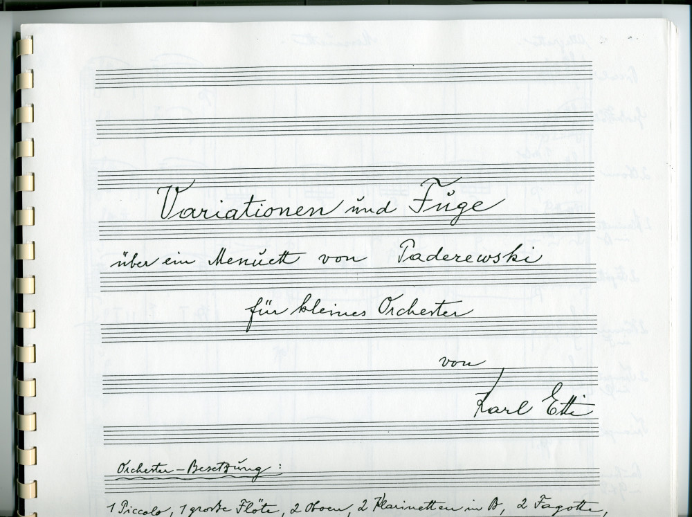 Partition des «Variationen und Fuge über ein Menuett von Paderewski für kleines Orchester» de Karl Etti – d'après le «Menuet» tiré du cahier I (antique) des «Humoresques de concert» pour piano op. 14 n° 1 (Ed. Bote & G. Bock, Berlin)
