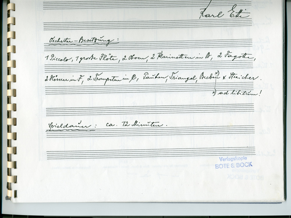Partition des «Variationen und Fuge über ein Menuett von Paderewski für kleines Orchester» de Karl Etti – d'après le «Menuet» tiré du cahier I (antique) des «Humoresques de concert» pour piano op. 14 n° 1 (Ed. Bote & G. Bock, Berlin)