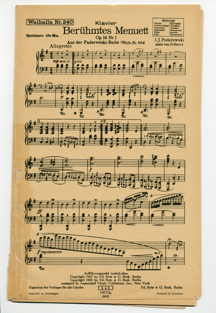 Partition de la transcription pour piano et orchestre par Giuseppe Becce du «Menuet» tiré du cahier I (antique) des «Humoresques de concert» pour piano op. 14 n° 1 de Paderewski (Ed. Bote & G. Bock, Berlin – Walhalla n° 240)