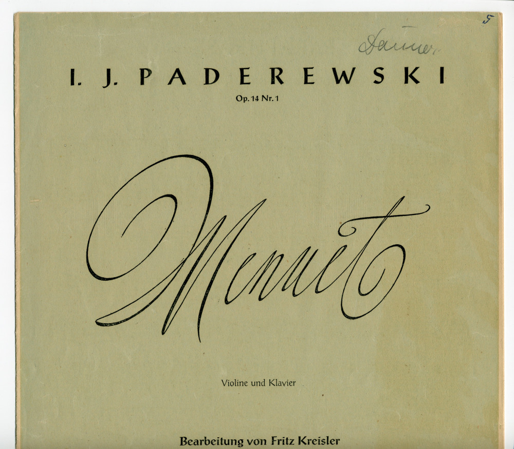 Partition de la transcription pour violon et piano par Fritz Kreisler du «Menuet» tiré du cahier I (antique) des «Humoresques de concert» pour piano op. 14 n° 1 de Paderewski (Ed. Bote & G. Bock, Berlin / Carl Fischer, New York)