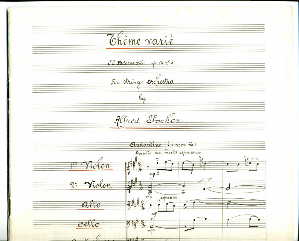 Partition de la transcription manuscrite pour orchestre à cordes par Alfred Pochon du «Thème varié» tiré des «Miscellanea, série de morceaux pour piano» op. 16 n° 3 de Paderewski (Ed. Bote & G. Bock, Berlin)