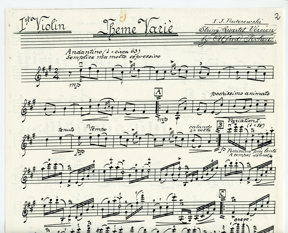 Partition de la transcription manuscrite (copie) pour quatuor à cordes par Alfred Pochon du «Thème varié» tiré des «Miscellanea, série de morceaux pour piano» op. 16 n° 3 de Paderewski
