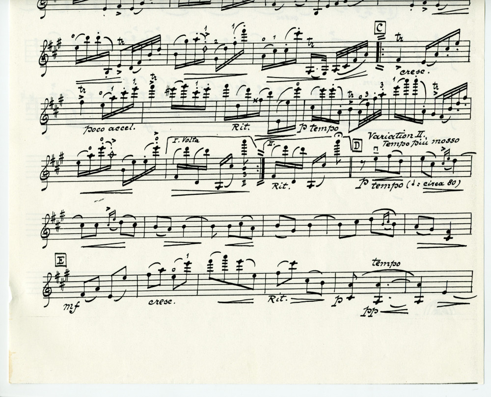 Partition de la transcription manuscrite (copie) pour quatuor à cordes par Alfred Pochon du «Thème varié» tiré des «Miscellanea, série de morceaux pour piano» op. 16 n° 3 de Paderewski